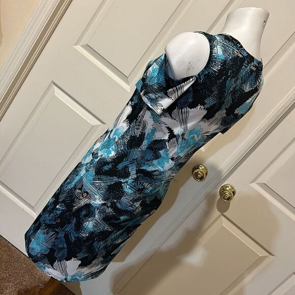 Michael Kors Cold Shoulder Blue and Black and White Mini Dress - Picture 5 of 11